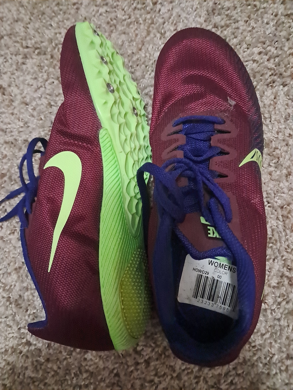 Nike Women's Running Spikes — Maroon with Neon Green Accents